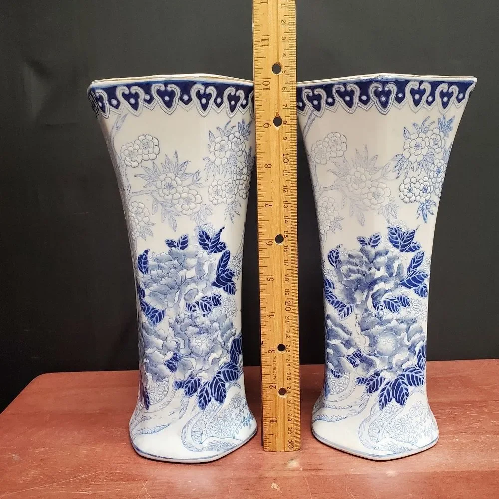 Andrea by Sadek Blue White Chinoiserie Porcelain Floral Vases 10